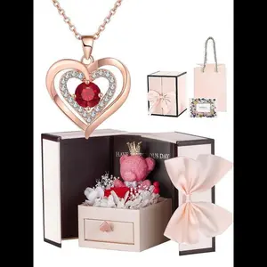 Heart Shaped Zircon Necklace & Teddy Bear Rose Gift Box, Gifts for Girlfriend, Elegant Rhinestone Decor Jewelry Set for Women, Gift for Wife, Daughter, Mother, Grandmother, Girlfriend, Valentine's Day, Gift for Her