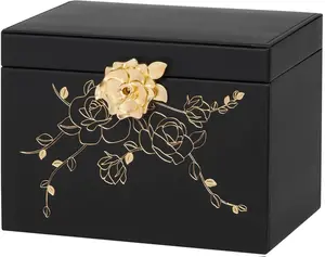 Modern Jewelry Box with Lock for Girls - 3-Drawer Earrings Storage Organizer in Black Faux Leather for Dresser Vanity & Gift