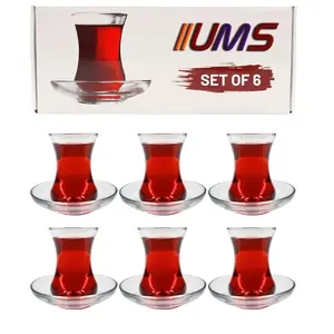 Ums Turkish Tea Glass Set, Slim Waist Design and Thick Sole, 12 Pieces, for 6 People Cup