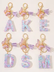 1pc/Initial keychain accessories - Cute gradient-colored letter key ring chain pendants - Pink butterfly tassel bag - Car pendant - Best gift choice
