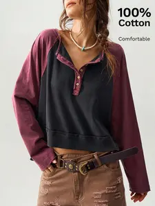 Bohemela Casual Colorblock Raglan Sleeve Long Sleeve V-Neck Loose Blouse For Women