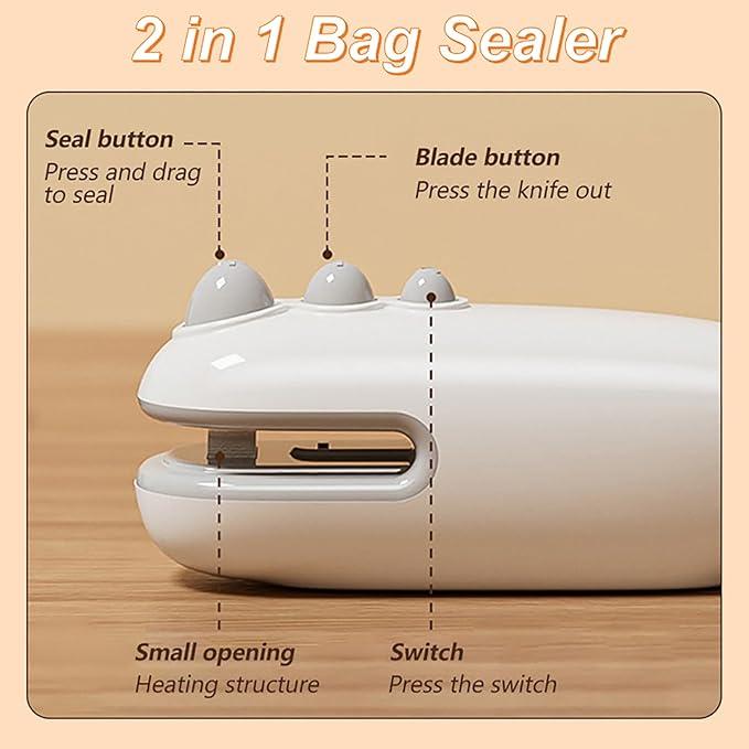 Mini Bag Sealer with Cutter, Rechargeable, Handheld Heat Sealer Machine with Magnetic, Portable Bag Sealer Heat Seal for Keep Food Fresh and Snacks Crispy