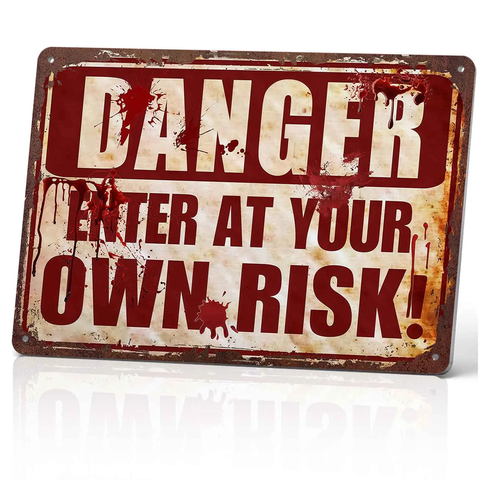 12x8 in Rectangle Aluminium Metal Sign - Danger Enter at Your Own Risk Blood Splatter Design, American Retro Art Deco Wall Decor, Halloween Fan Gift
