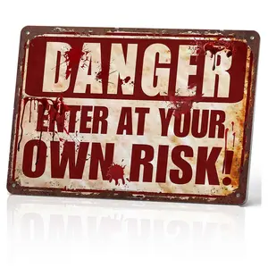 Danger Enter at Your Own Risk Blood Splatter 12x8 Inch Aluminum Metal Sign - Spooky Horror Wall Decor for Home, Haunted House, Bar, and Game Room - Creepy Tin Sign Gift for Halloween & Thriller Fans