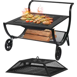 Danlong 31-Inch Steel Outdoor square Wood Burning Fire Pit With Wheels,fireplace for BBQ