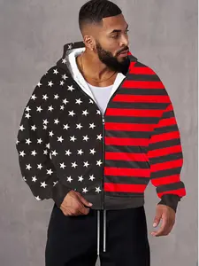 Star & Stripe Print Zip-Up Hoodie, 100% Polyester Fleece-Lined Streetwear Jacket in American Flag Style