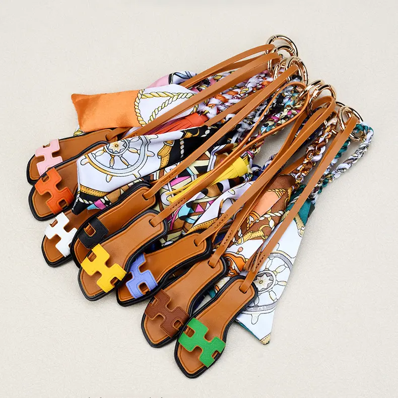 H‑Sandal Leather Bag Charm Keychain, Colorful Silk Twillies Scarf Tassel Purse Charm, Luxury Designer Inspired Accessory for Handbags Keys Gift