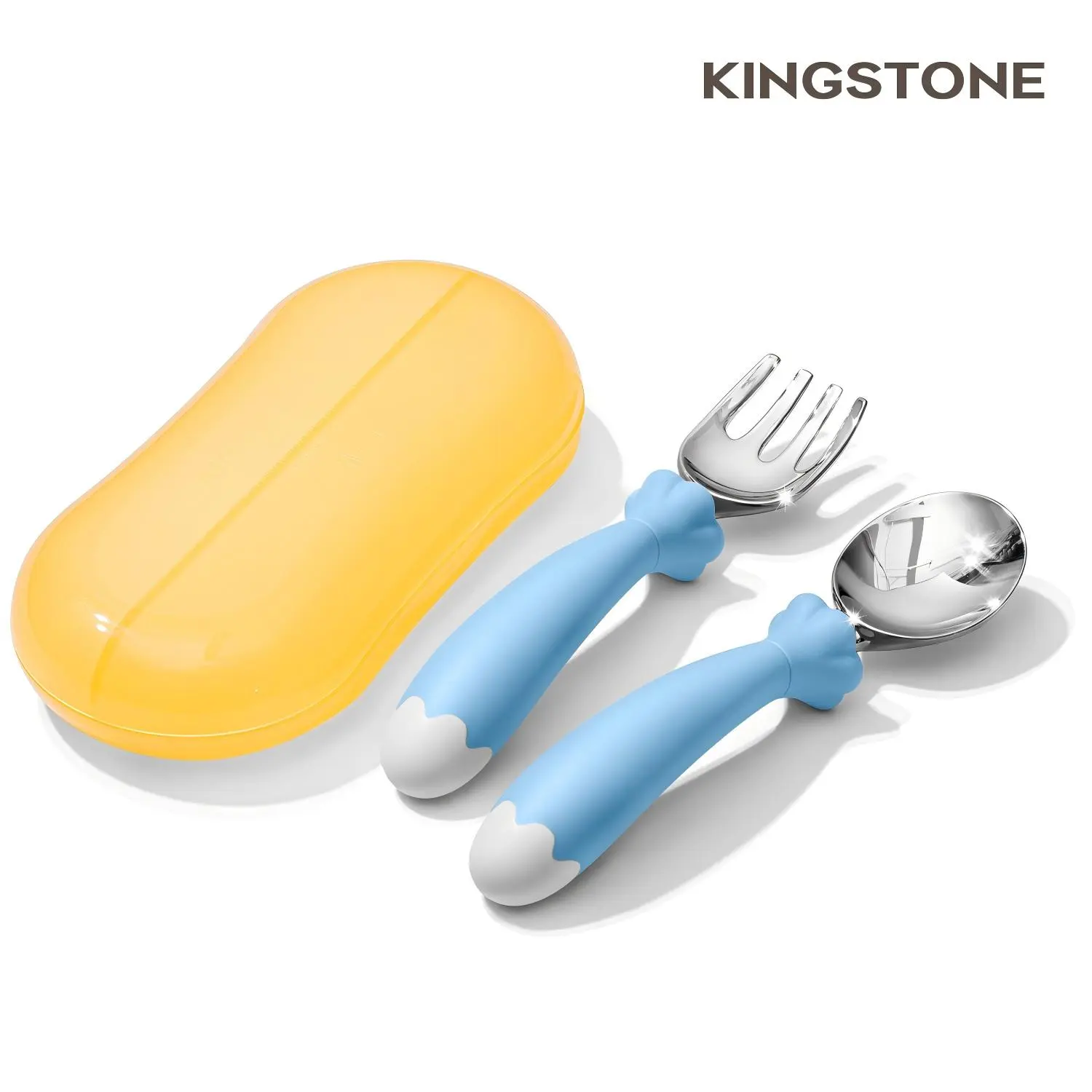 KINGSTONE Unisex Toddler Self-Feeding Utensils Set with Travel Case, 18/10 Stainless Steel Plain Spoon & Fork, Soft Silicone Handles, Shield Barrier, BPA-Free, Dishwasher Safe, Model 55301, Soft Handles, With Handle Baby Utensils