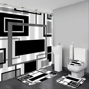 4pcs geometric pattern design, Bathroom Decoration Accessories, shower curtain set includes non-slip bath mat, U-shaped rug, toilet lid cover, perfect for bathroom decoration, comes with 12 shower curtain hooks