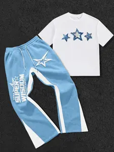 Men's Two-Piece Star Letter Print T-Shirt and Pants Set, Casual, Round Neck Short Sleeve, Fitted Long Pants, Knit Fabric, All Seasons