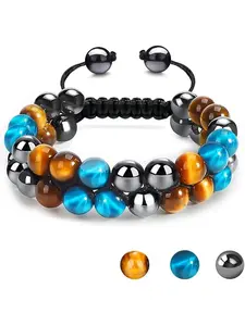 Tiger Eye Bracelet, MIDON Men's and Women's Triple Protection Bracelet, Handmade Tiger Eye, Hematite and Obsidian Natural Stone Healing Energy Crystal Bracelet, Beaded Bracelet