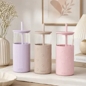 SANDJEST 20oz Glass Tumbler with Silicone Sleeve & Straw, Aesthetic Cup Ideal for Hot & Cold Drinks Smoothie Iced Coffee, Gift for Her Women Girl
