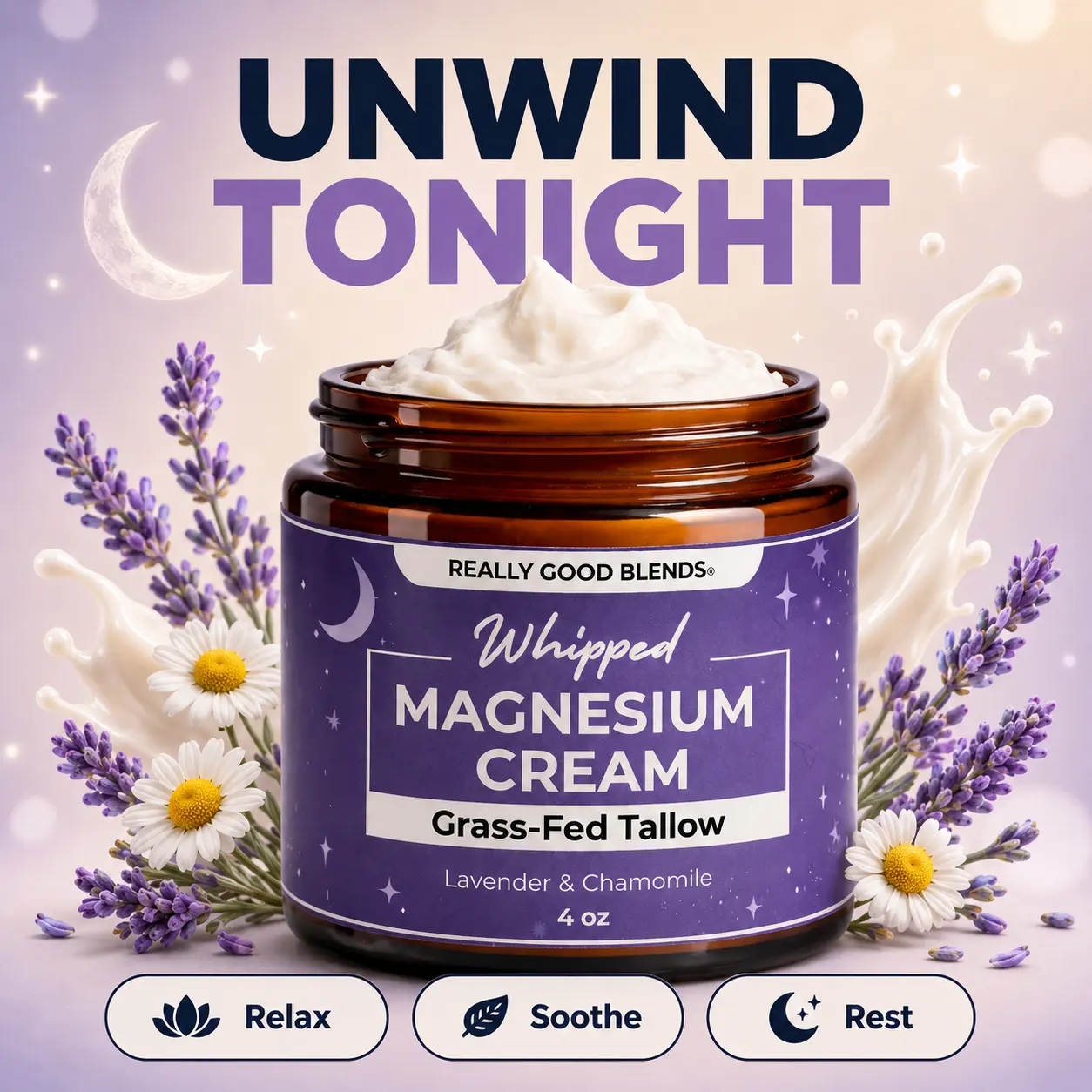 REALLY GOOD BLENDS Magnesium Cream with Grass-Fed Tallow – Soothing Muscle Relief & Sleep Support, All-Natural Night Balm for Leg Cramps, Restless Legs & Tension – 4 oz (Lavender + Chamomile)