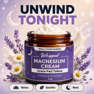 REALLY GOOD BLENDS Magnesium Cream with Grass-Fed Tallow – Soothing Muscle Relief & Sleep Support, All-Natural Night Balm for Leg Cramps, Restless Legs & Tension – 4 oz (Lavender + Chamomile)