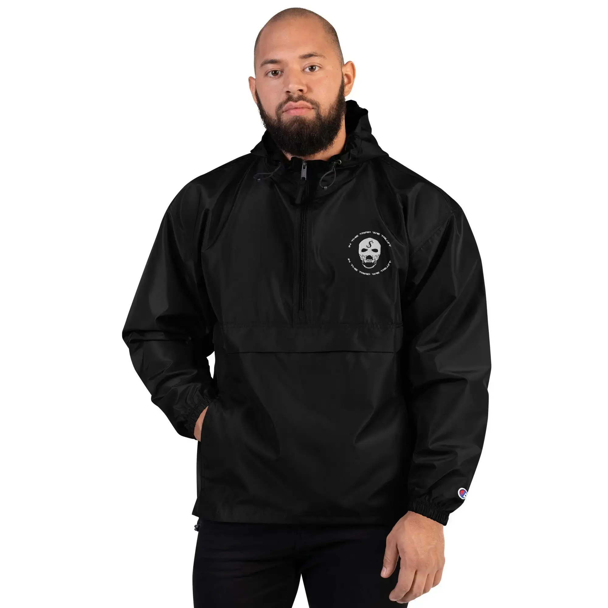 "In The Trap We Trust" Embroidered Champion Packable Jacket