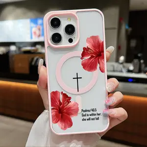 Bibical Cross & Lily Clear Magnetic Phone Case , Support MagSafe Silicone Bumper Protective Cover For iPhone X 11 12 13 14 15 16 17 Pro Max Plus Air Girl Flower
