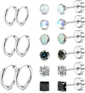 Titanium Earrings for Men Women Surgical Steel Stud Earrings with Opal Cubic Zirconia 20G Flat Hoop Cartilage