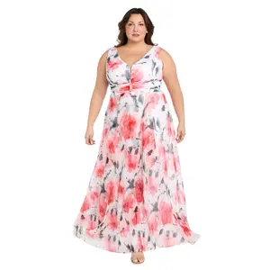 Coral and Ivory Chiffon Maxi Dress with Nude V-Neck Insert - Plus