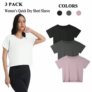 3 Packs Women's Q Crop Top Short Sleeve Athletic Workout Yoga Running Gym Casual Tees T-Shirts Loose Fit