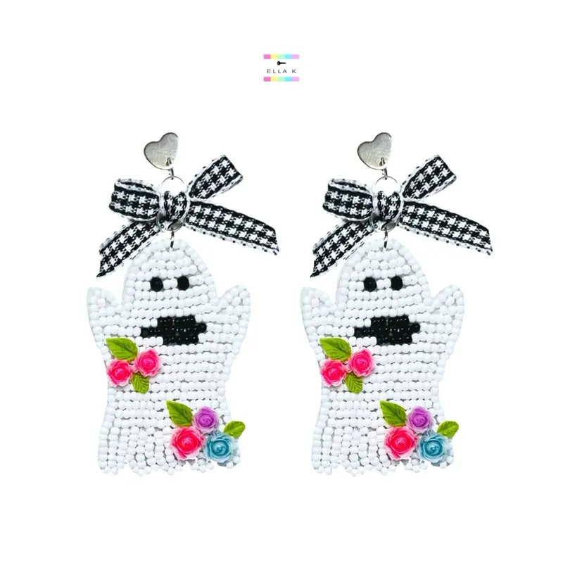Houndstooth Floral Boo Earrings / Embellished Beaded Ghost Dangle Earrings with Black & White Houndstooth Bow / Silver Heart Stud Dangle Coquette Bow & Flower Ghost Earrings / Fall Earrings