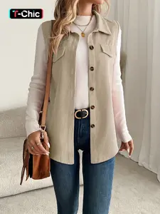 Women's Sleeveless Woven Fitted Solid Button Vest Jacket Tops, Elegant Stand Collar Design, Front Button Closure, Perfect for Business, Formal & Casual Wear, Spring, Solid Color Sleeveless