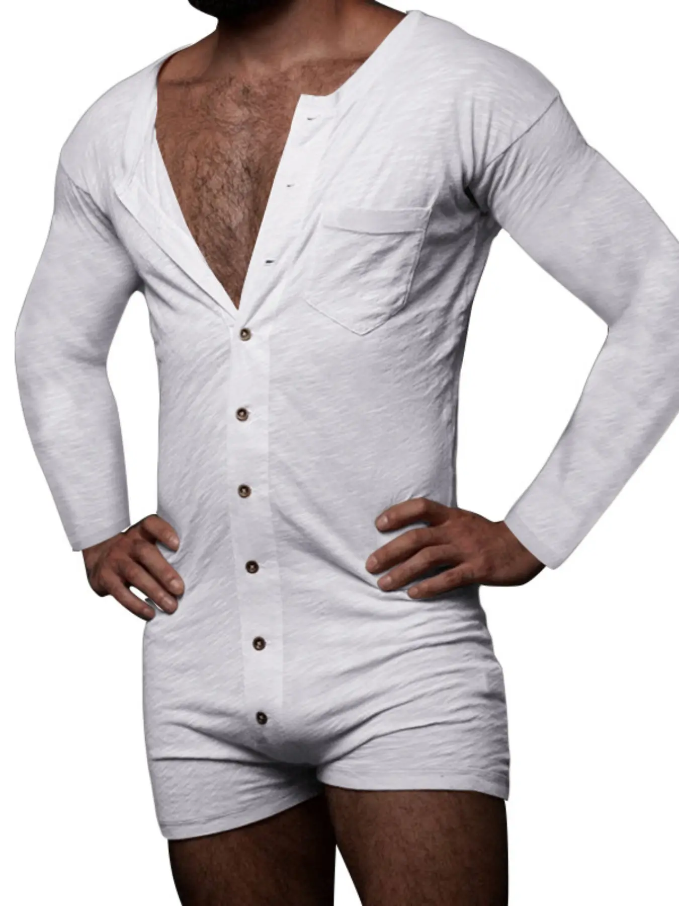 Pure Color Tight-Fit Button Romper, New European and American Style Home Wear, Long Sleeve One-Piece, Comfortable and Stylish, Man, Jumpsuit Rompers