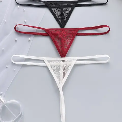 3-Pack Sexy Lace Thongs for Women, Low-Waist Fit Semi-Sheer Strappy Panties, Seamless Lingerie, Low Waist Panty