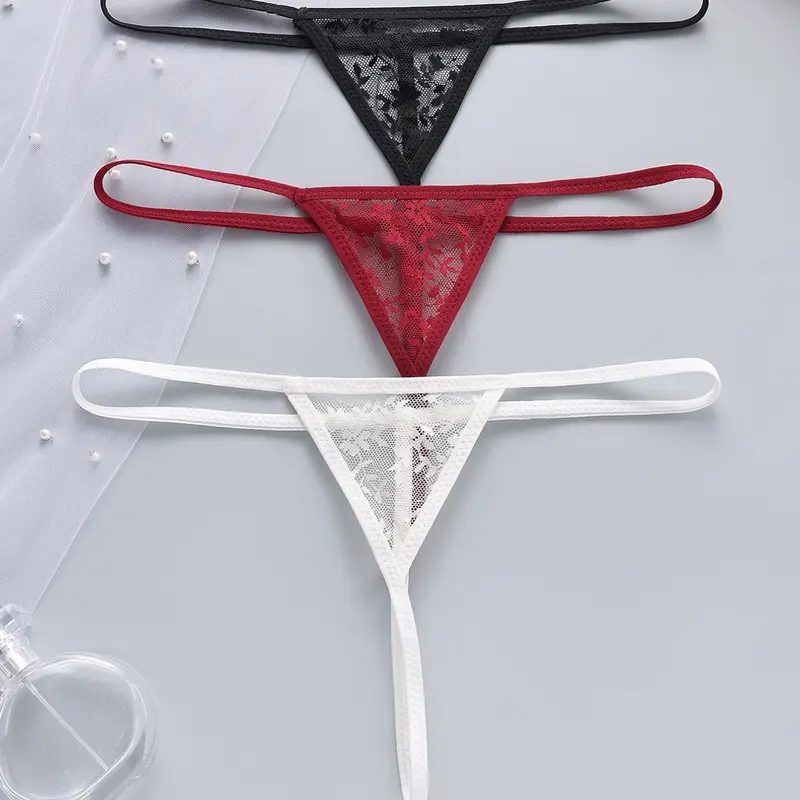 3-Pack Sexy Lace Thongs for Women, Low-Waist Fit Semi-Sheer Strappy Panties, Seamless Lingerie, Low Waist Panty