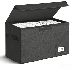 Comic Book Storage Box 15.5" X 7.5" X 11.3", Collapsible Comic Short Box with Lids Holds 150 Comics Heavy Duty Bin Container (1 pack, black)