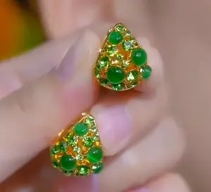 LisiZen Green Crystal Basket Hoop Earrings 14K Gold Plated Sparkling Rhinestone Ear Cuffs, Chic Statement Jewelry Elegant Style for Women DZEH4139