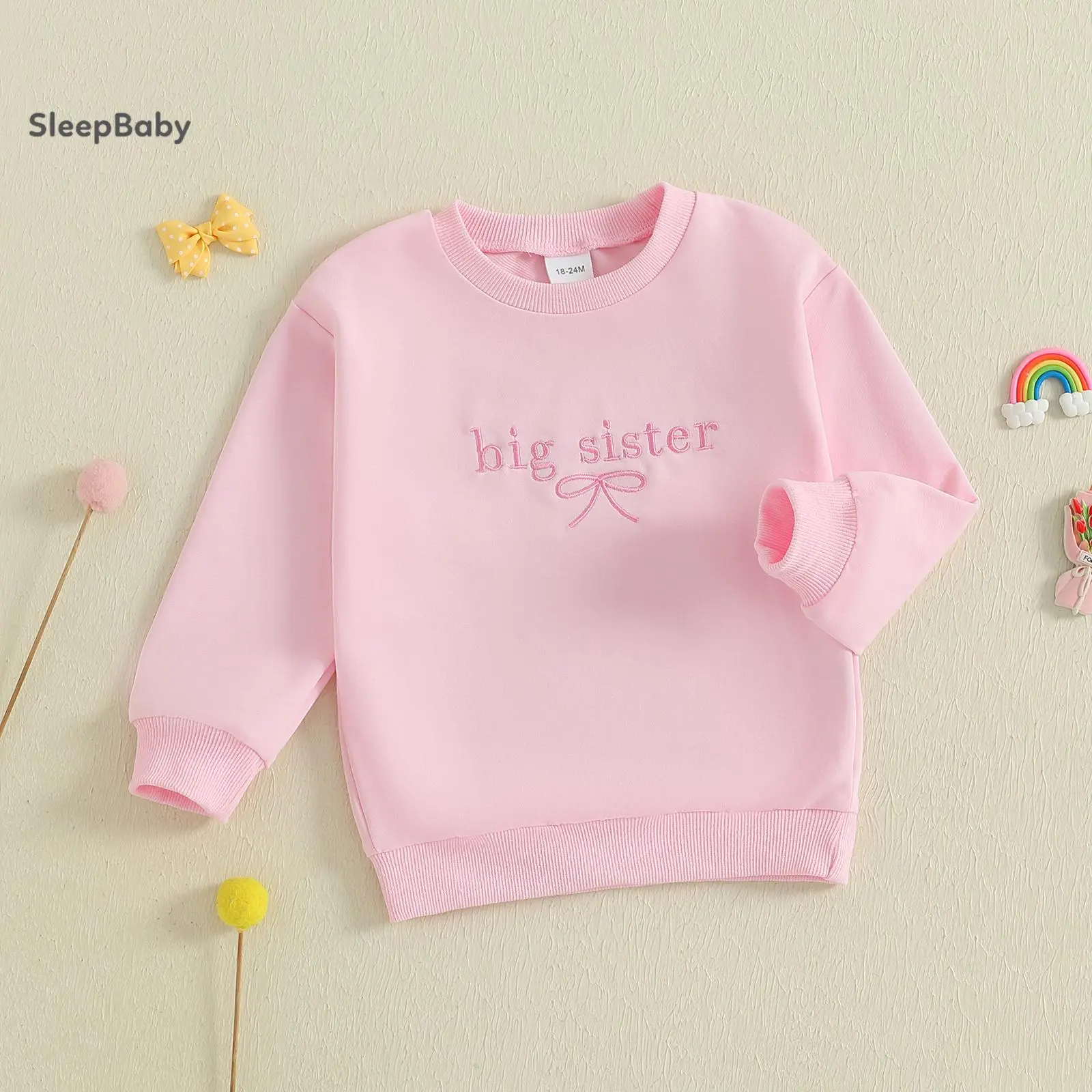Toddler Girl Crew Neck Sweatshirt, Bow & Embroidery Details, Elastane Fabric, Long Sleeve Pullover, Cute Fall Winter Baby Tops, 22% Polyester, 3-4Y, 4 - 5 Years