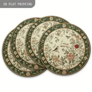 VIKAMA 4-Piece Country-Style Bird And Flower Round Placemat Set - Heat-Resistant, Non-Slip, Waterproof, Washable Table Mats