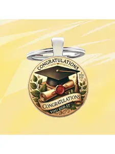 1pc Graduation Season Glass Keychain - "Congratulations, You made it!" Glass keychain with a graduation cap and diploma scroll design, round gift suitable for graduates, birthdays, Teachers' Day, Time Gem keychain, symbolic keychain