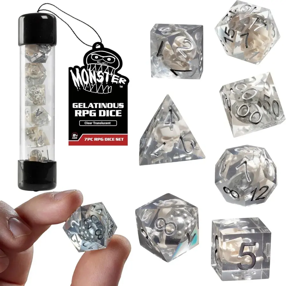 Monster Gelatinous Premium Dice Set- 7 Clear Polyhedral Dice Set w Cubes Victim & Treasure Within- Handmade Premium Resin Infused w Luck- Compatible w D&D Dungeons Dragons MTG Magic & All RPG Games
