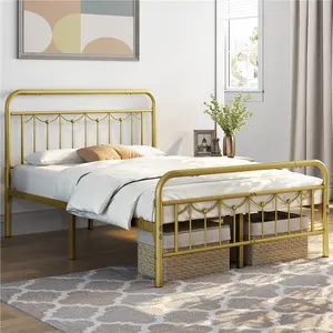 Yaheetech Metal Bed Frames with Vintage Headboard and Footboard, Farmhouse Metal Platform Bed, Heavy Duty Steel Slat Support, Ample Under-Bed Storage, No Box Spring Needed