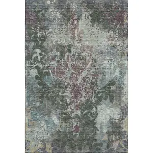 HomeRoots 674363 8 x 10 ft. Fern Green Purple & Teal Damask Washable Machine Made Rectangle Area Rug with UV Protection