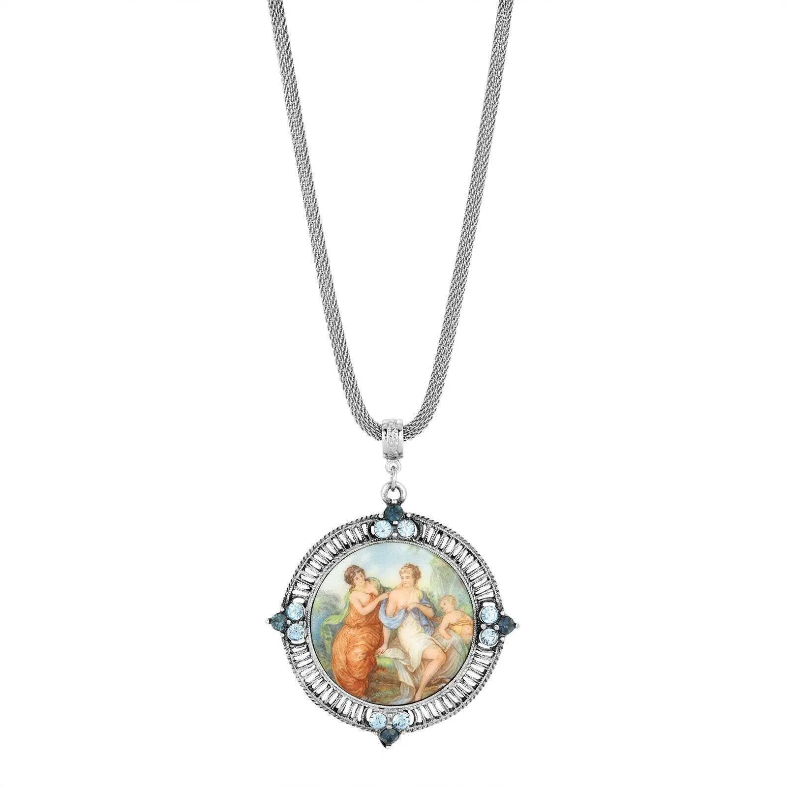 Blue Crystal Rubenesque Glass Pendant Mesh Necklace 25"