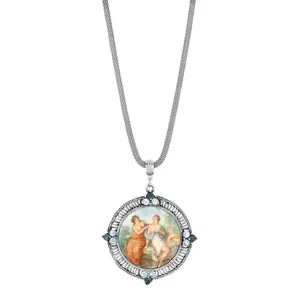 Blue Crystal Rubenesque Glass Pendant Mesh Necklace 25"