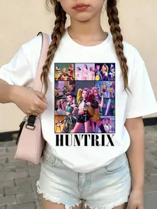 Girls' Round Neck Short Sleeve T-Shirt, K-Pop Girl Group Cartoon Pattern, Soft Comfortable Knit Fabric, Summer Vacation Outdoor Activities