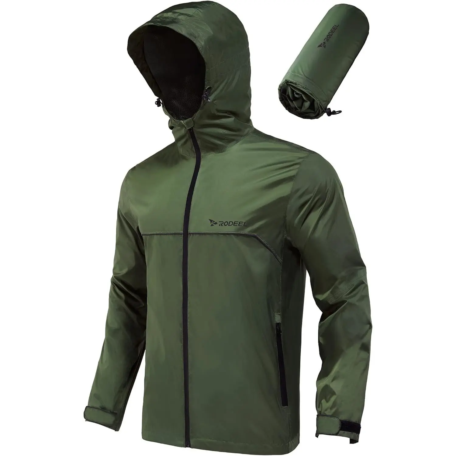 RODEEL 710 Men's High-Visibility Waterproof Jacket - Lightweight, Breathable, Durable Hooded Outdoor Jacket with Storage Pouch, All Seasons Fashion Lightweight Coat for Hiking, Construction, Holiday Gift