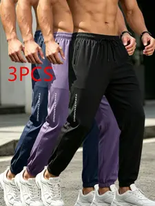3-Piece Men's Summer Sports Pants, Reflective Letter Print, Breathable Quick-Dry Jogging Pants, Elastic Waist, Zip Pockets