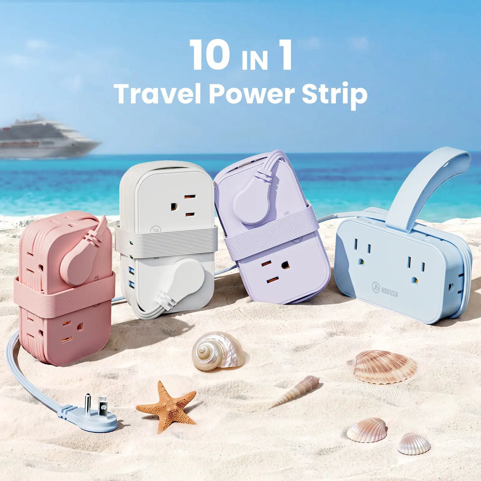 [NEW] HONIZER 10 in 1 Cruise Approved Travel Power Strip, No Surge, 20W USB-C Fast Charging, 6 Outlets, 2 USB-C & 2 USB-A, Compact Flat Plug Extension Cord with 4ft Wrapped Cord for Hotel, Cruise & Vacation