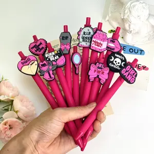 30/50Pcs black and pink contrasting color theme press-action gender-neutral pen, personalized silicone patch design, female power office writing signature ballpoint pen (15/25 pen + 15/25 refill)