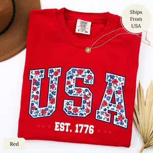 Comfort Colors Floral USA T-Shirt, Patriotic USA Graphic Tee, 4th of July Shirt Women, American Flag Floral Letter Tee, Independence Day Shirt