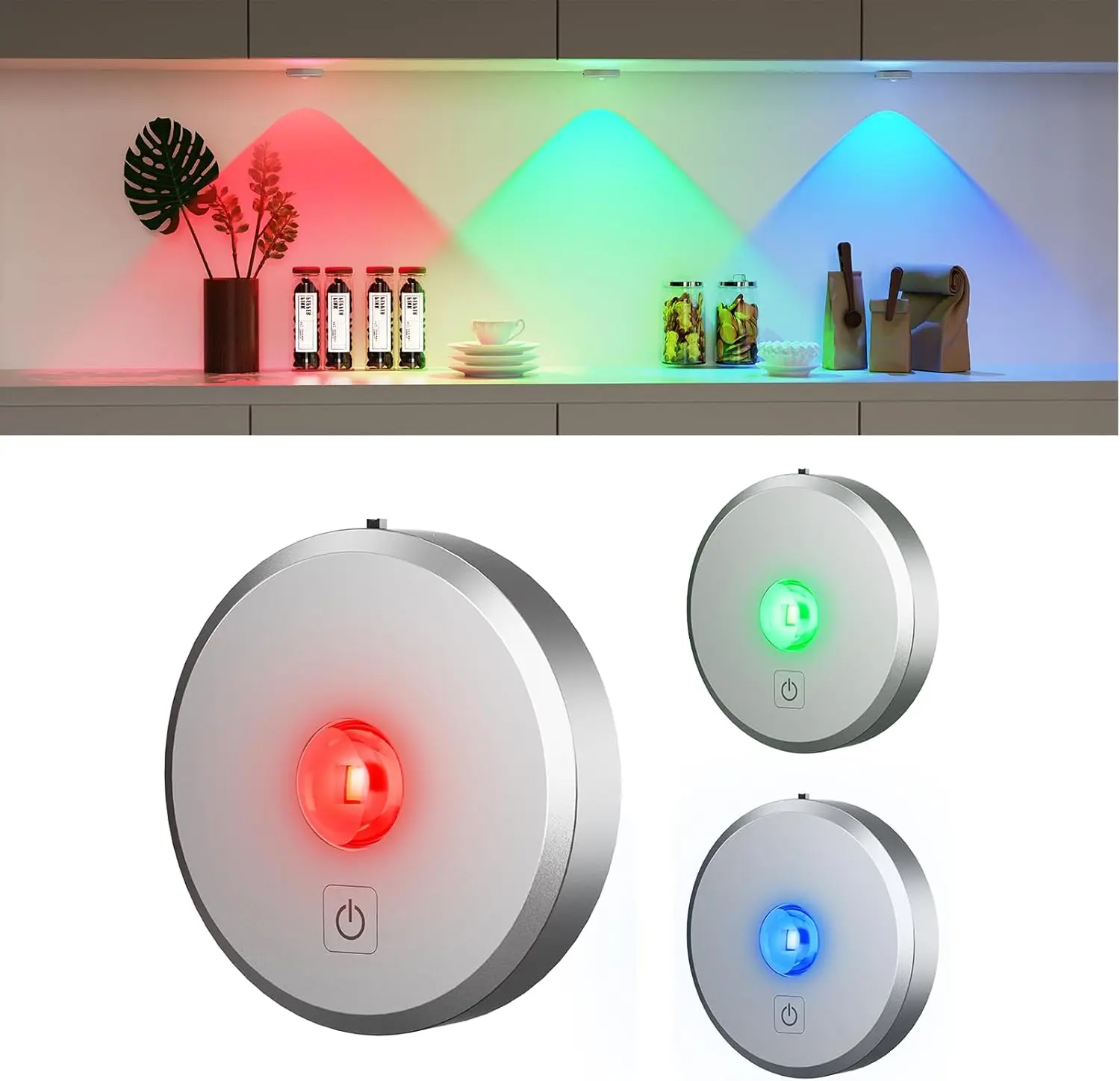 3-Pack Chrome-Tone Rechargeable RGB Puck Lights with Remote, 2000mAh Stick-On LED Underglow Tap Lights, 9 Colors (Blue, Green-Lit), 2 Dynamic Modes, Timing, Aesthetic Indoor Lighting for Kitchen, Closet, Aesthetic Tap Lights
