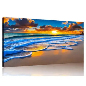 Sunrise over the Beach Pictures Print on Canvas Pictures of the Beach Pictures Wall Art Beach Paintings Ocean Wall Art Stretched and Wooden Frame Poster Ornaments Room Decoration Artistic Photo