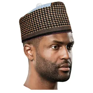 Yakubu Black and Gold Hausa Mallam Cap Fulani Hula Hand-Crafted African Traditional Kufi hat DPH630