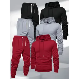 3pcs Men'S Hooded Sweatshirt and Joggers Set, Polyester Sports Tracksuit, Solid Color, Long Sleeve, Slight Stretch Knit Fabric,