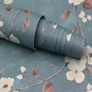 Green Flower Self-adhesive Non-Woven Wallpaper, 20.8''X196.9'' Embossed Floral Peel Stick Wallpaper