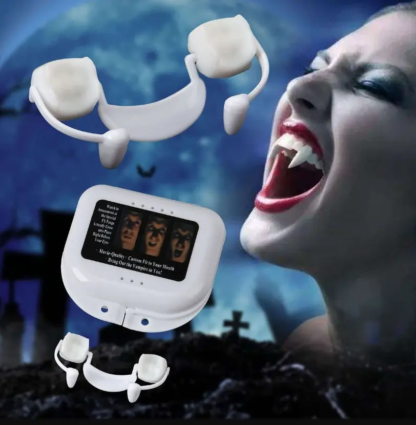 Creepy Spooky Halloween Vampire Fangs Accessories, 2 Pairs Retractable Scalable White Silicone and Plastic Realistic Props, Tongue-Pull Fangs for Cosplay & Parties, Gum-Safe Design